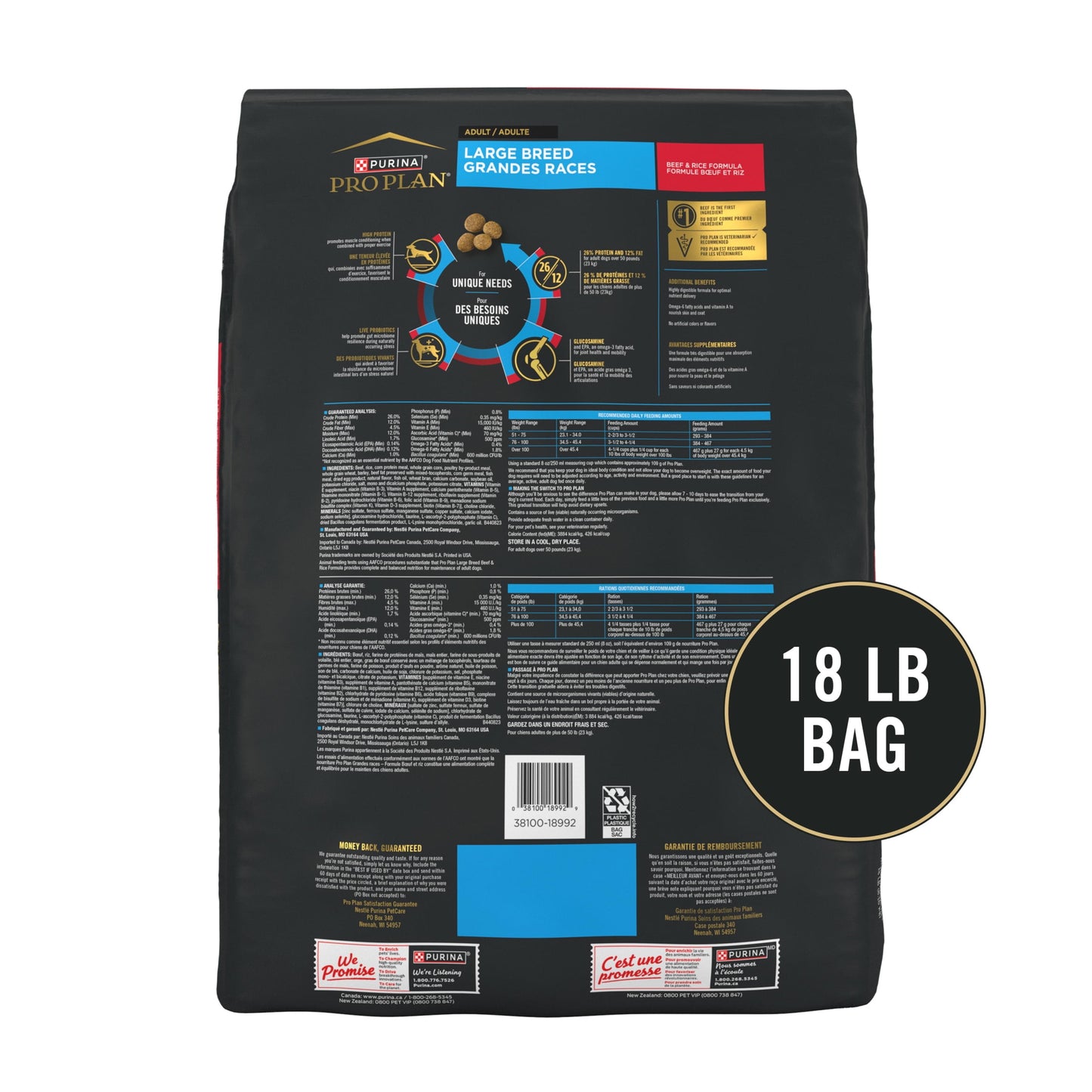 Purina Pro Plan Large Breed Dry High Protein Dog Food with Probiotics for Dogs, Beef and Rice Formula, 18 lb Bag