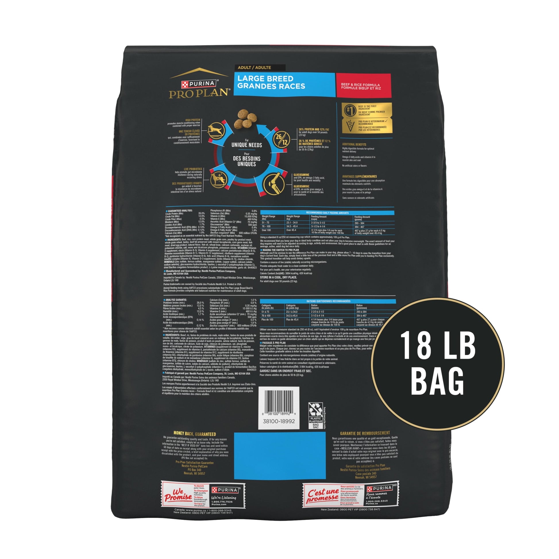 Purina Pro Plan Large Breed Dry High Protein Dog Food with Probiotics for Dogs, Beef and Rice Formula, 18 lb Bag