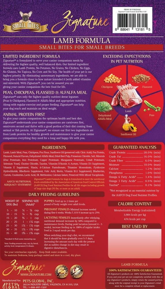 Zignature Small Bites Grain Free Lamb Formula Dry Dog Food 12.5 lb