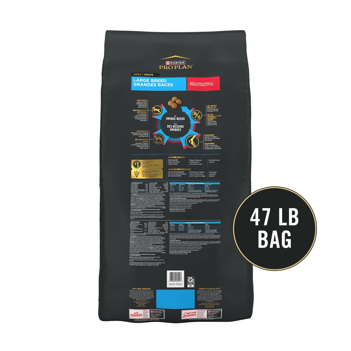 Purina Pro Plan Large Breed Dry High Protein Dog Food with Probiotics for Dogs, Beef and Rice Formula, 47 lb Bag