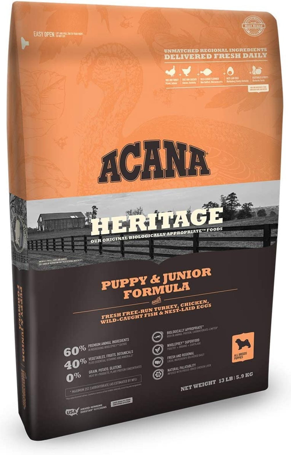 ACANA Heritage Puppy & Junior Dry Dog Food, (13 Pound Bag.)