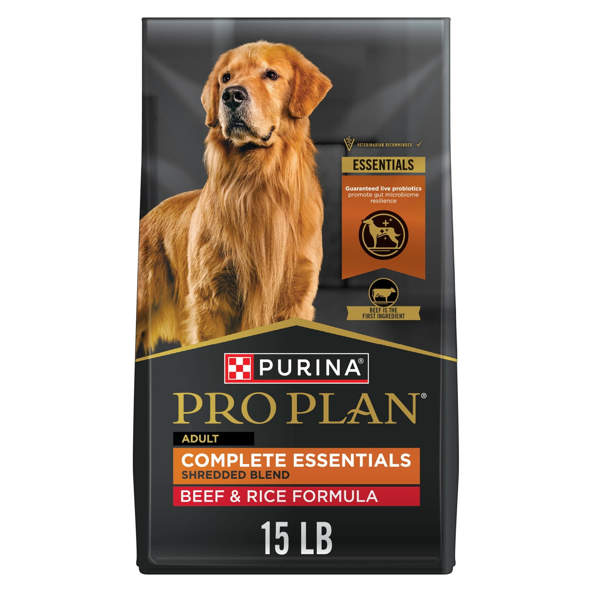 Purina Pro Plan Complete Essentials Shredded Blend Beef and Rice Dry Dog Food Formula with Probiotics for Dogs, 15 lb Bag