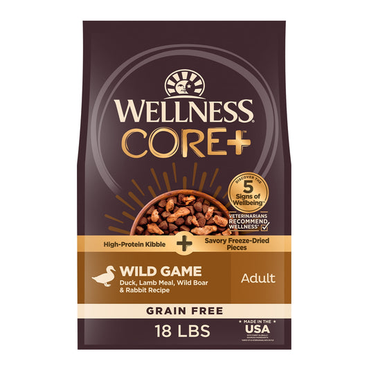 Wellness CORE+ Dry Dog Food with Freeze Dried Pieces, Grain Free, High Protein, Natural, Wild Game Duck, Lamb, Wild Boar, & Rabbit Recipe, (18-Pound Bag)