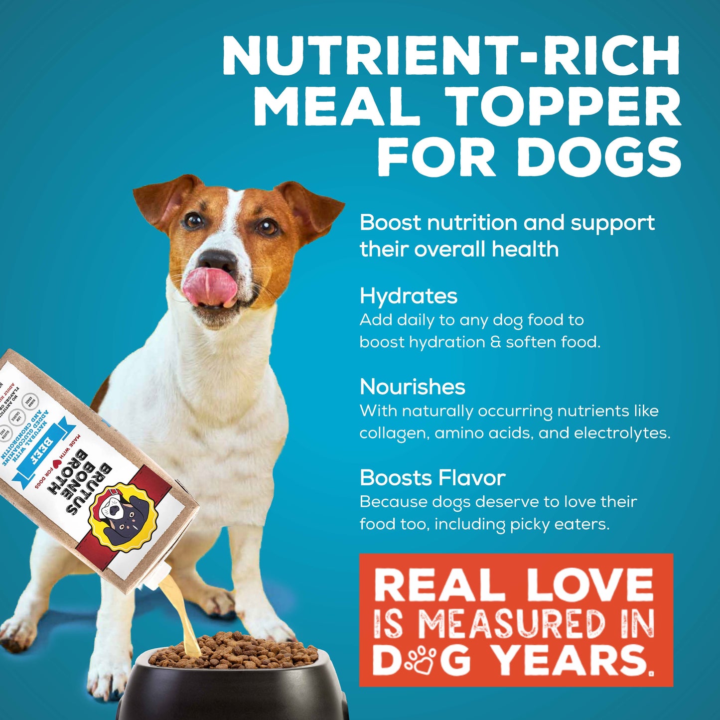 Brutus Bone Broth Beef for Dogs - 32 oz, All Natural Human Grade Dog Food Topper with Chondroitin Glucosamine Turmeric, Great for Picky Eaters & Dry Food, Tasty & Nutritious