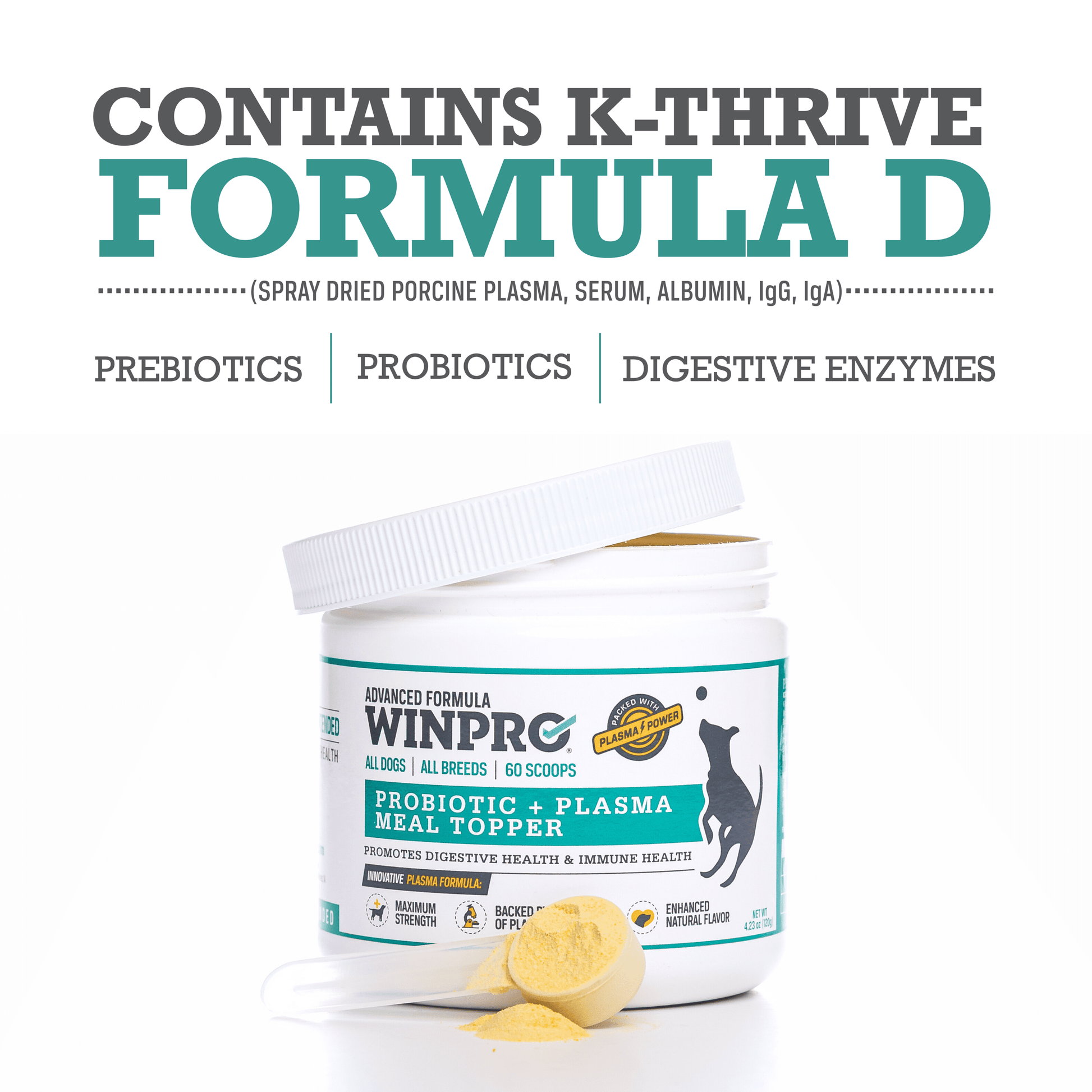 WINPRO Dog Prebiotic + Probiotic Powder Meal Topper - Support for Dog Gut Health, Immunity, and Seasonal Allergies - All Breeds, Ages, and Sizes - Made In The USA - 60 Scoops