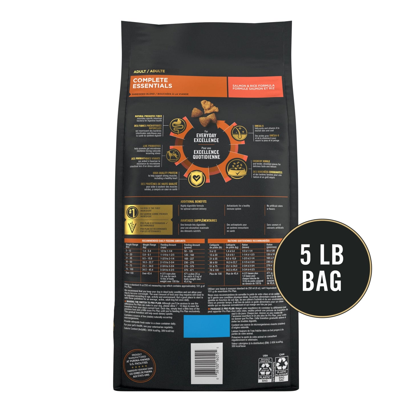 Purina Pro Plan Complete Essentials Shredded Blend Salmon and Rice Dry Dog Food Formula with Probiotics for Dogs, 5 lb Bag